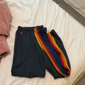 Aviator Nation Black Track Pants with Rainbow Stripes
